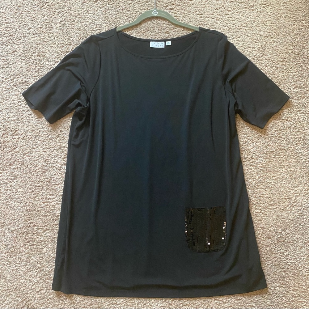Joan Rivers black short sleeve tunic shirt with sequin pocket size XL New no tag